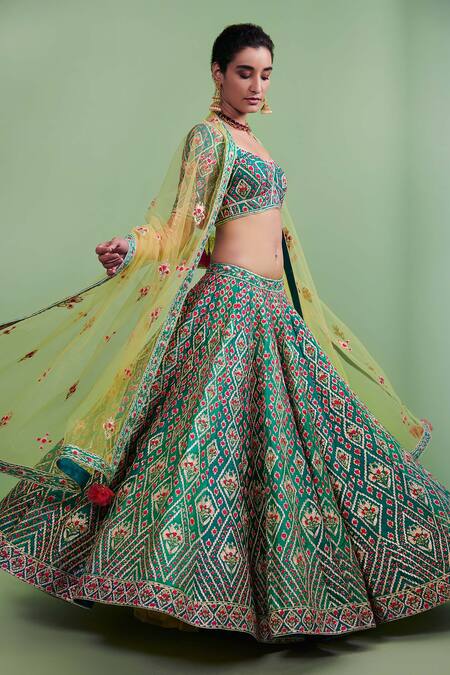Shyam Narayan Prasad_Blue U Neck Embroidered Bridal Lehenga Set _Online_at_Aza_Fashions