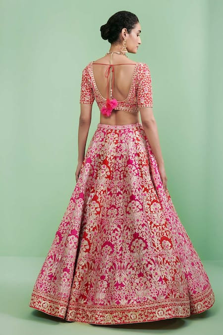 Shop_Shyam Narayan Prasad_Red U Neck Embroidered Bridal Lehenga Set _at_Aza_Fashions