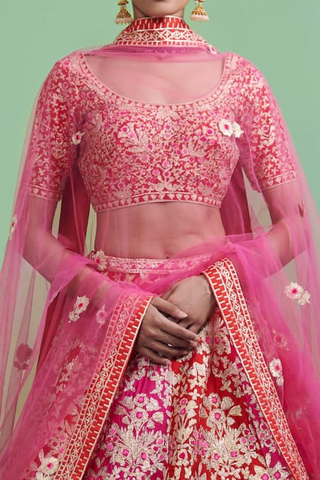 Shyam Narayan Prasad_Red U Neck Embroidered Bridal Lehenga Set _Online_at_Aza_Fashions