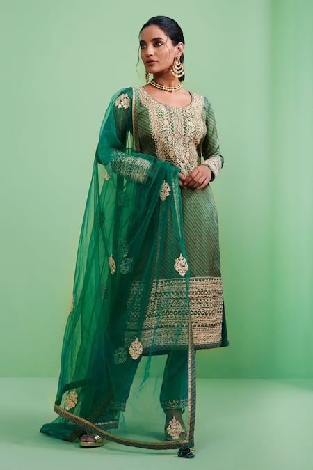 Shyam Narayan Prasad_Green Net, Cotton Satin Round Gota Embroidered Kurta Set _Online_at_Aza_Fashions