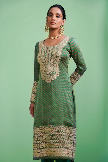 Buy_Shyam Narayan Prasad_Green Net, Cotton Satin Round Gota Embroidered Kurta Set _Online_at_Aza_Fashions
