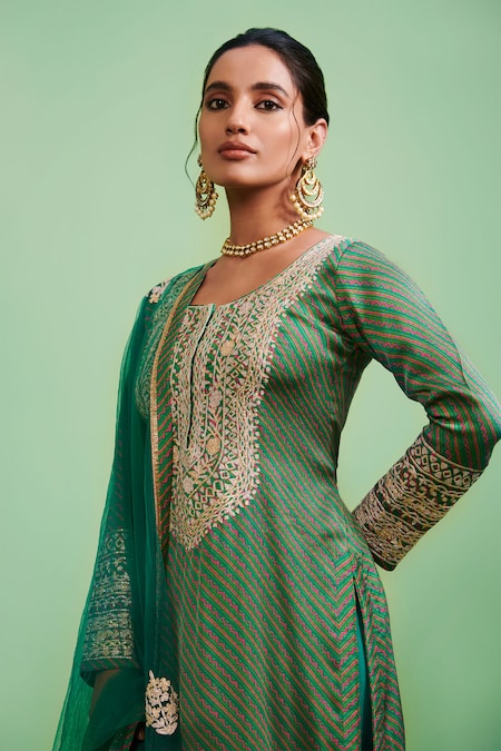 Shop_Shyam Narayan Prasad_Green Net, Cotton Satin Round Gota Embroidered Kurta Set _Online_at_Aza_Fashions