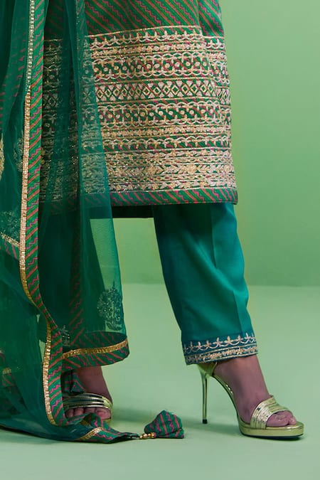 Shyam Narayan Prasad_Green Net, Cotton Satin Round Gota Embroidered Kurta Set _at_Aza_Fashions