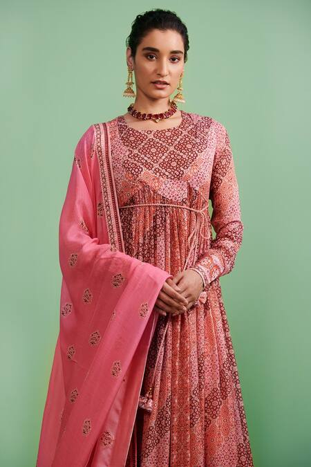 Shyam Narayan Prasad Pink Cotton Satin, Flat Chiffon, Rayon Twill Floral Round Print Angrakha Set Online at Aza Fashions Shyam Narayan Prasad_Pink Cotton Satin, Flat Chiffon, Rayon Twill Floral Round Print Angrakha Set _Online_at_Aza_Fashions