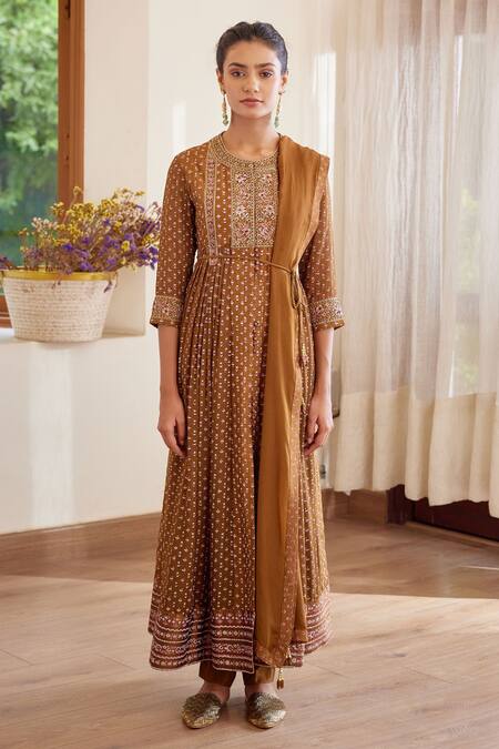 Buy Shyam Narayan Prasad Brown Chanderi Block Prints Floral Motifs Round Anarkali Set Online at Aza Fashions Buy_Shyam Narayan Prasad_Brown Chanderi Block Prints Floral Motifs Round Anarkali Set _Online_at_Aza_Fashions
