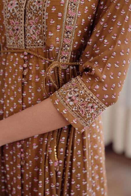 Shop Shyam Narayan Prasad Brown Chanderi Block Prints Floral Motifs Round Anarkali Set Online at Aza Fashions Shop_Shyam Narayan Prasad_Brown Chanderi Block Prints Floral Motifs Round Anarkali Set _Online_at_Aza_Fashions