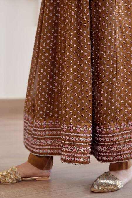 Shyam Narayan Prasad Brown Chanderi Block Prints Floral Motifs Round Anarkali Set at Aza Fashions Shyam Narayan Prasad_Brown Chanderi Block Prints Floral Motifs Round Anarkali Set _at_Aza_Fashions