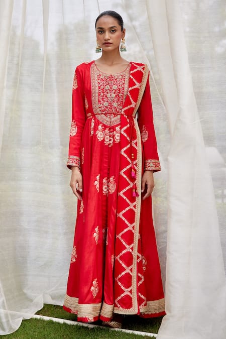Shyam Narayan Prasad Red Jacquard Dola Silk Embroidered Floral Motifs Round Anarkali Set Online at Aza Fashions Shyam Narayan Prasad_Red Jacquard Dola Silk Embroidered Floral Motifs Round Anarkali Set _Online_at_Aza_Fashions
