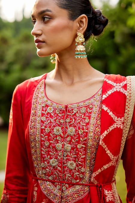 Buy Shyam Narayan Prasad Red Jacquard Dola Silk Embroidered Floral Motifs Round Anarkali Set Online at Aza Fashions Buy_Shyam Narayan Prasad_Red Jacquard Dola Silk Embroidered Floral Motifs Round Anarkali Set _Online_at_Aza_Fashions