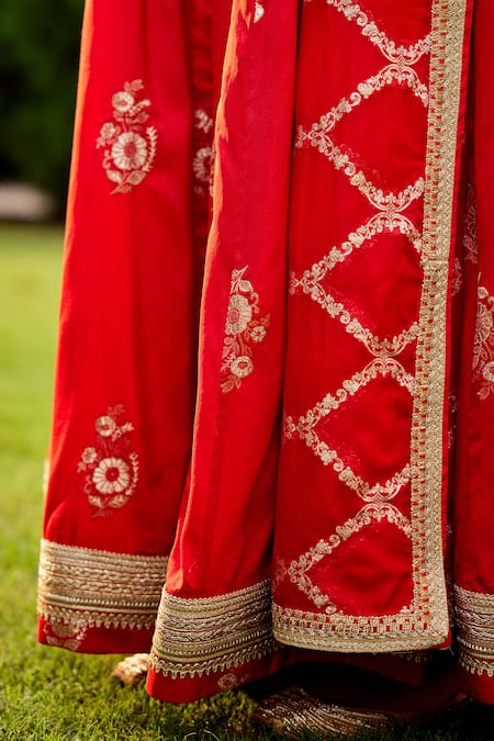 Shop Shyam Narayan Prasad Red Jacquard Dola Silk Embroidered Floral Motifs Round Anarkali Set Online at Aza Fashions Shop_Shyam Narayan Prasad_Red Jacquard Dola Silk Embroidered Floral Motifs Round Anarkali Set _Online_at_Aza_Fashions