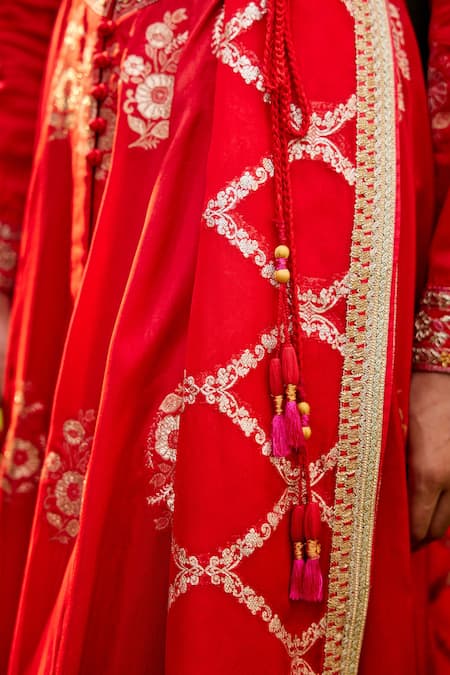 Shyam Narayan Prasad Red Jacquard Dola Silk Embroidered Floral Motifs Round Anarkali Set at Aza Fashions Shyam Narayan Prasad_Red Jacquard Dola Silk Embroidered Floral Motifs Round Anarkali Set _at_Aza_Fashions