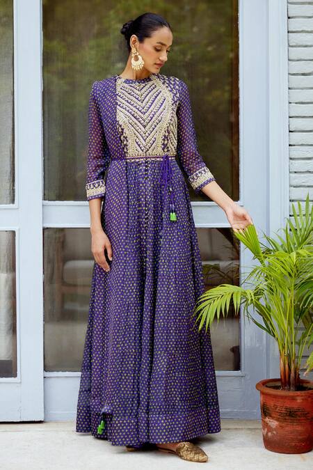Shyam Narayan Prasad_Purple Cotton Satin, Flat Chiffon Floral Motifs Band Printed Tiered Anarkali Set _Online_at_Aza_Fashions