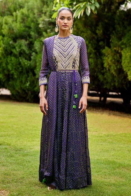 Buy_Shyam Narayan Prasad_Purple Cotton Satin, Flat Chiffon Floral Motifs Band Printed Tiered Anarkali Set _Online_at_Aza_Fashions