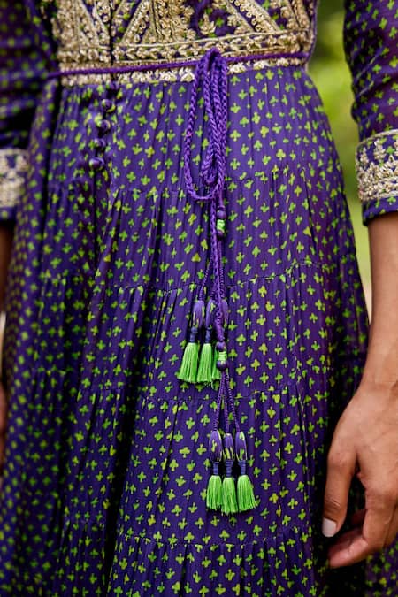 Shyam Narayan Prasad_Purple Cotton Satin, Flat Chiffon Floral Motifs Band Printed Tiered Anarkali Set _at_Aza_Fashions