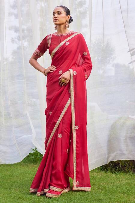Shyam Narayan Prasad Red Zardozi Floral Embroidered Saree Set Online at Aza Fashions Shyam Narayan Prasad_Red Zardozi Floral Embroidered Saree Set_Online_at_Aza_Fashions