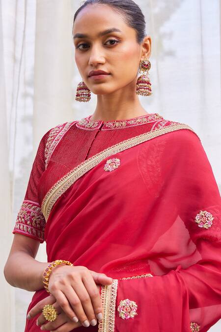 Shop Shyam Narayan Prasad Red Zardozi Floral Embroidered Saree Set Online at Aza Fashions Shop_Shyam Narayan Prasad_Red Zardozi Floral Embroidered Saree Set_Online_at_Aza_Fashions