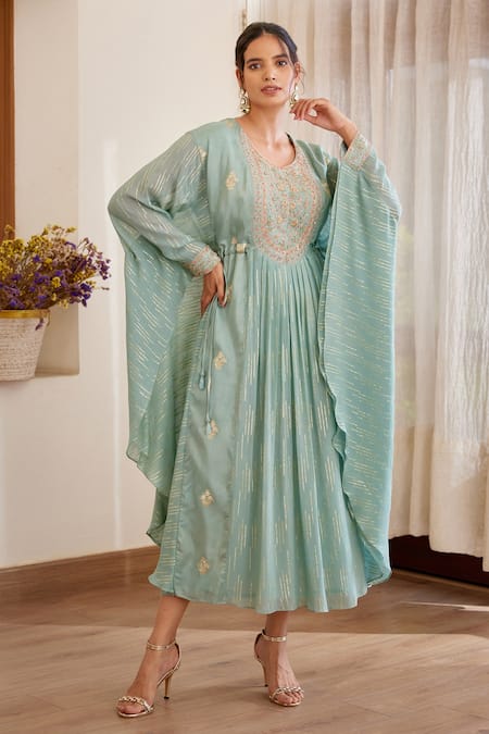 Shyam Narayan Prasad Blue Viscose Silk Jacquard Embroidered Floral Zardozi Round Kaftan 