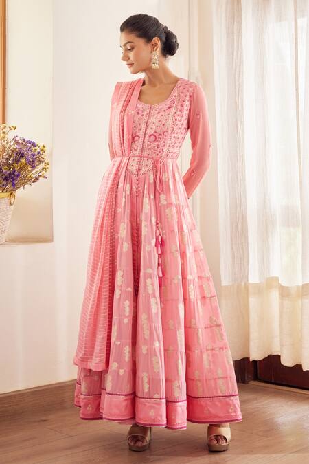 Buy_Shyam Narayan Prasad_Pink Cotton Satin And Chiffon Lurex, Georgette Embroidered Tiered Anarkali Set _Online_at_Aza_Fashions