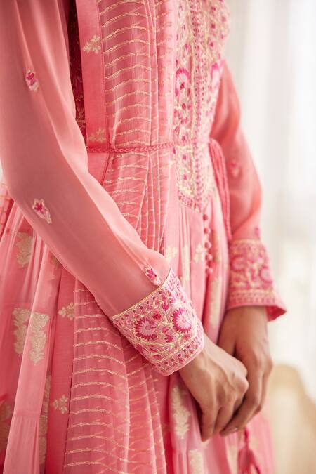 Shyam Narayan Prasad_Pink Cotton Satin And Chiffon Lurex, Georgette Embroidered Tiered Anarkali Set _at_Aza_Fashions