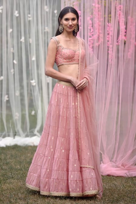 Shyam Narayan Prasad_Coral Chanderi, Brocade, Net Zari, Tassels, Embroidery Tiered Lehenga Set _Online_at_Aza_Fashions