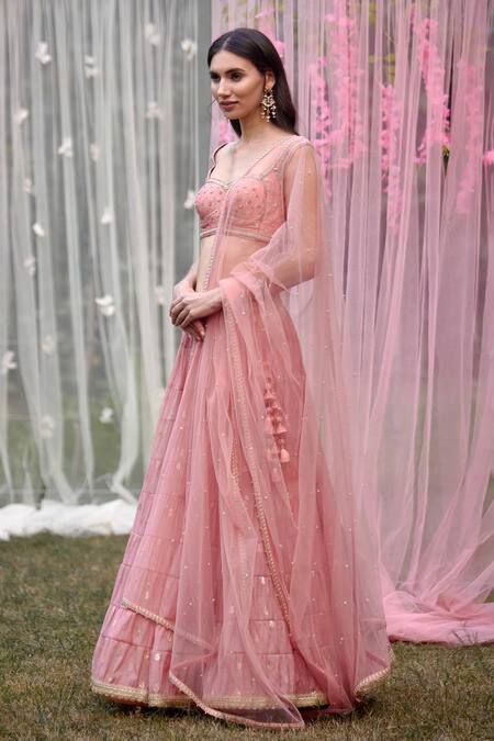 Buy_Shyam Narayan Prasad_Coral Chanderi, Brocade, Net Zari, Tassels, Embroidery Tiered Lehenga Set _Online_at_Aza_Fashions