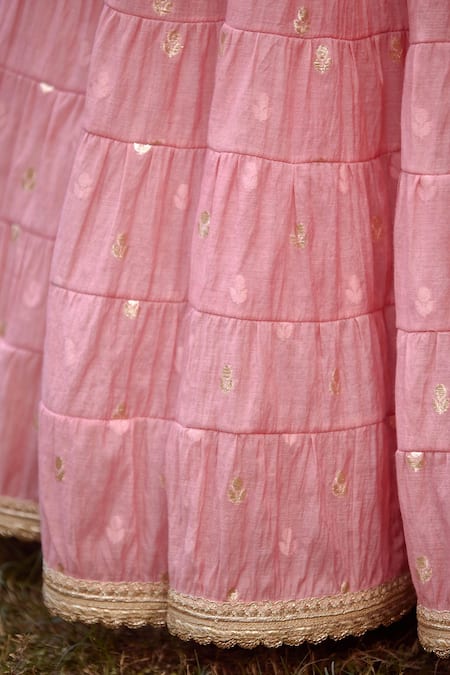 Shop_Shyam Narayan Prasad_Coral Chanderi, Brocade, Net Zari, Tassels, Embroidery Tiered Lehenga Set _Online_at_Aza_Fashions