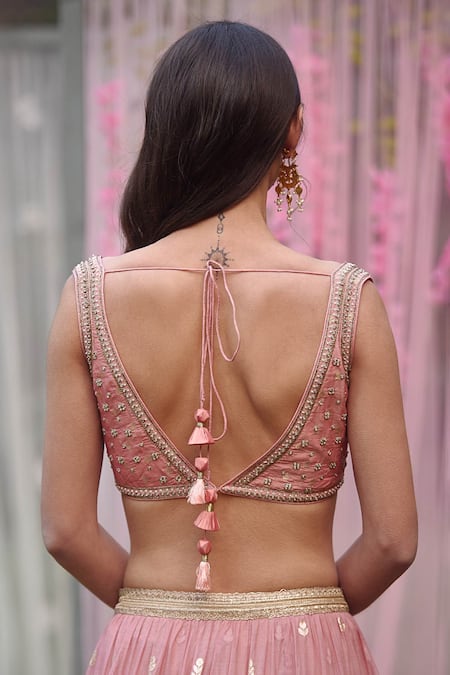 Shyam Narayan Prasad_Coral Chanderi, Brocade, Net Zari, Tassels, Embroidery Tiered Lehenga Set _at_Aza_Fashions