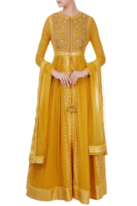 Buy_Shyam Narayan Prasad_Yellow Raw Silk, Brocade, Georgette Chanderi Embroidered Anarkali With Dupatta _Online_at_Aza_Fashions