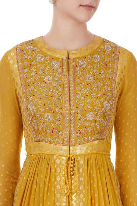 Shyam Narayan Prasad_Yellow Raw Silk, Brocade, Georgette Chanderi Embroidered Anarkali With Dupatta _at_Aza_Fashions
