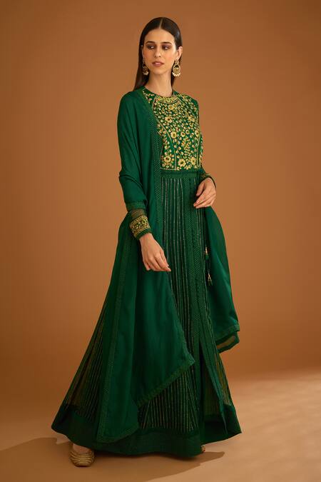 Shyam Narayan Prasad Green Cotton Satin, Chanderi, Lurex Embroidery Round Dori And Thread Anarkali Set Online at Aza Fashions Shyam Narayan Prasad_Green Cotton Satin, Chanderi, Lurex Embroidery Round Dori And Thread Anarkali Set _Online_at_Aza_Fashions
