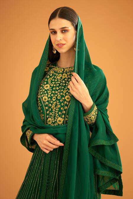 Shyam Narayan Prasad Green Cotton Satin, Chanderi, Lurex Embroidery Round Dori And Thread Anarkali Set at Aza Fashions Shyam Narayan Prasad_Green Cotton Satin, Chanderi, Lurex Embroidery Round Dori And Thread Anarkali Set _at_Aza_Fashions