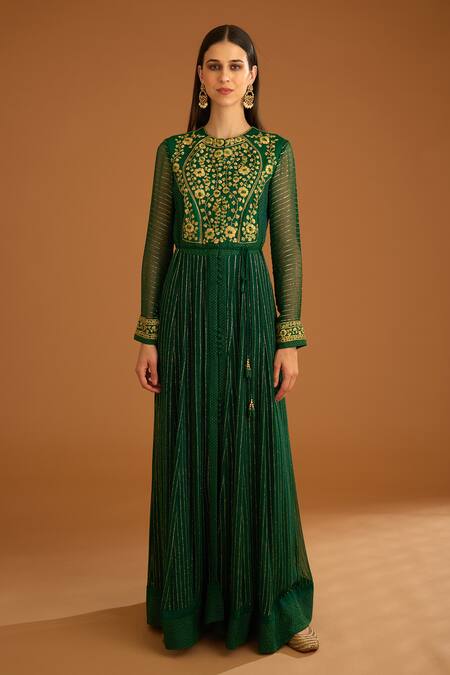 Shop Shyam Narayan Prasad Green Cotton Satin, Chanderi, Lurex Embroidery Round Dori And Thread Anarkali Set Online at Aza Fashions Shop_Shyam Narayan Prasad_Green Cotton Satin, Chanderi, Lurex Embroidery Round Dori And Thread Anarkali Set _Online_at_Aza_Fashions