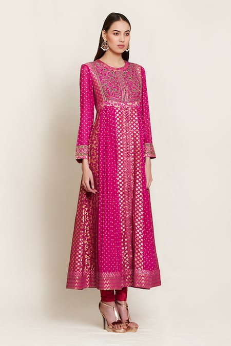 Shyam Narayan Prasad_Pink Silk, Georgette, Chanderi Brocade Round Embroidered Anarkali And Pant Set _Online_at_Aza_Fashions