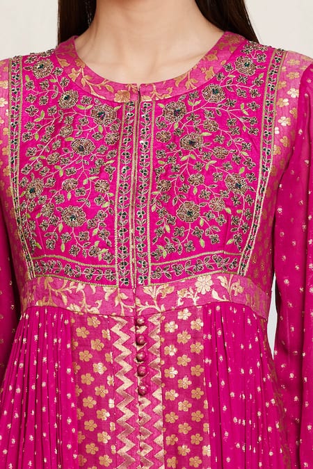 Buy_Shyam Narayan Prasad_Pink Silk, Georgette, Chanderi Brocade Round Embroidered Anarkali And Pant Set _Online_at_Aza_Fashions