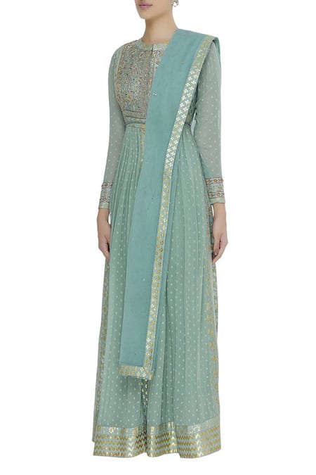 Shyam Narayan Prasad_Blue Georgette, Dupion Silk, Chanderi Brocade Embroidered Anarkali With Dupatta _Online_at_Aza_Fashions