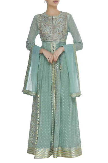 Buy_Shyam Narayan Prasad_Blue Georgette, Dupion Silk, Chanderi Brocade Embroidered Anarkali With Dupatta _Online_at_Aza_Fashions