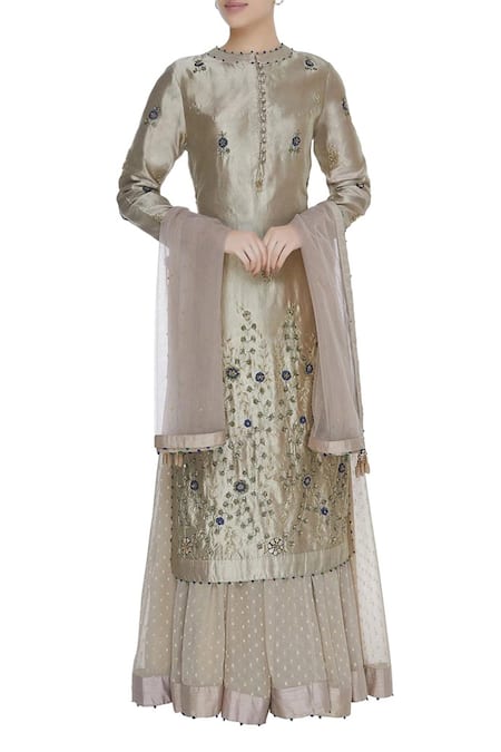 Shyam Narayan Prasad_Gold Georgette, Dupion Silk Round Embroidered Lehenga Set _Online_at_Aza_Fashions