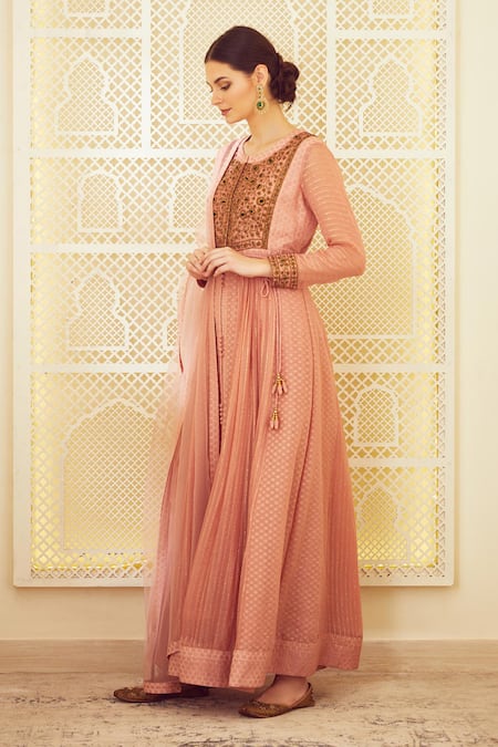 Shyam Narayan Prasad_Pink Silk, Georgette, Chanderi Jacquard Round Embroidered Anarkali With Dupatta _Online_at_Aza_Fashions