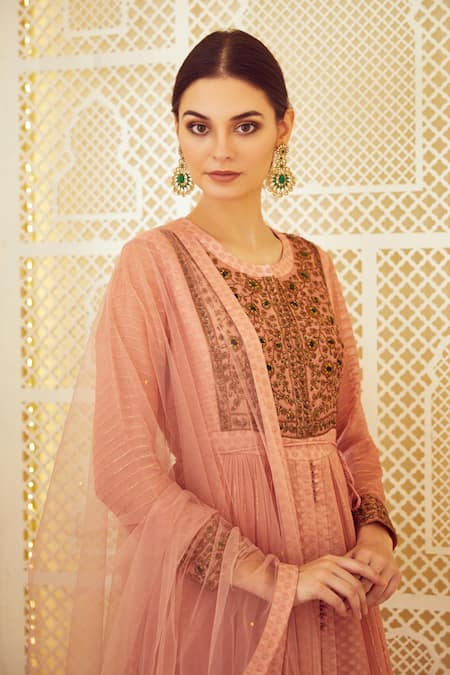 Buy_Shyam Narayan Prasad_Pink Silk, Georgette, Chanderi Jacquard Round Embroidered Anarkali With Dupatta _Online_at_Aza_Fashions