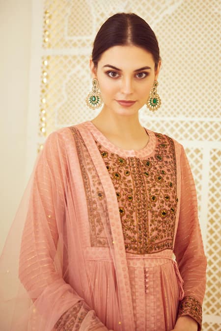 Shop_Shyam Narayan Prasad_Pink Silk, Georgette, Chanderi Jacquard Round Embroidered Anarkali With Dupatta _Online_at_Aza_Fashions
