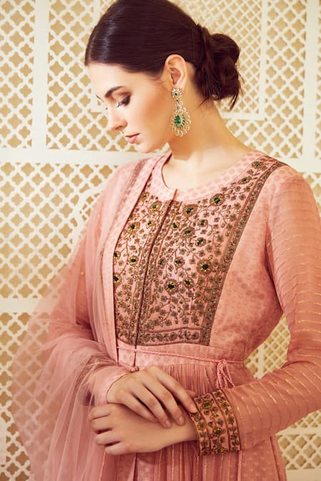 Shyam Narayan Prasad_Pink Silk, Georgette, Chanderi Jacquard Round Embroidered Anarkali With Dupatta _at_Aza_Fashions