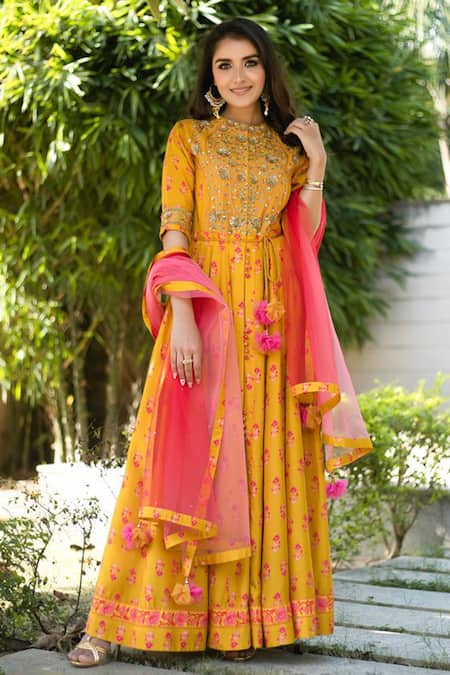 Buy Yellow Viscose Silk Embroidery Round Anarkali With Dupatta For ...