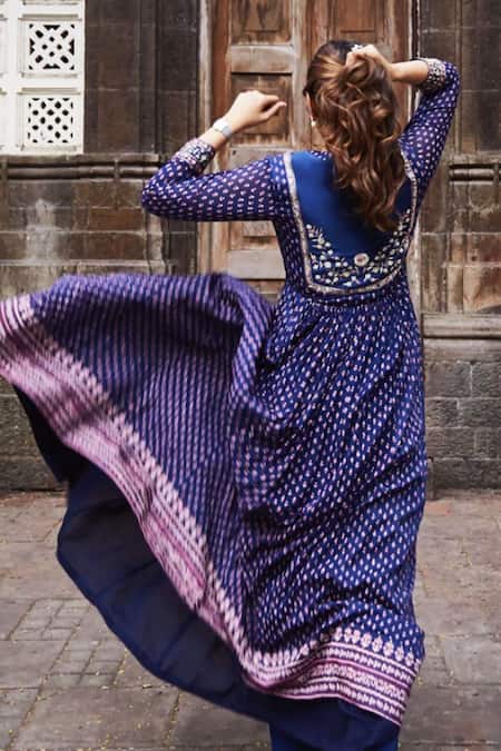 Shyam Narayan Prasad Blue Flat Chiffon, Satin Georgette Round Block Print Anarkali Set Online at Aza Fashions Shyam Narayan Prasad_Blue Flat Chiffon, Satin Georgette Round Block Print Anarkali Set _Online_at_Aza_Fashions