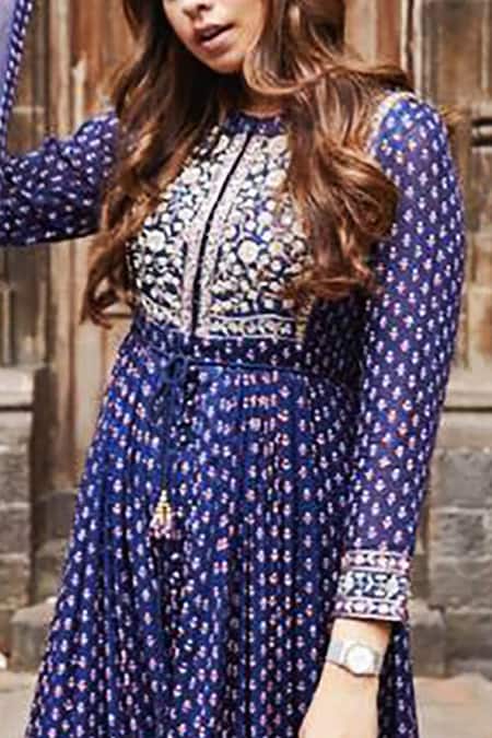 Buy Shyam Narayan Prasad Blue Flat Chiffon, Satin Georgette Round Block Print Anarkali Set Online at Aza Fashions Buy_Shyam Narayan Prasad_Blue Flat Chiffon, Satin Georgette Round Block Print Anarkali Set _Online_at_Aza_Fashions
