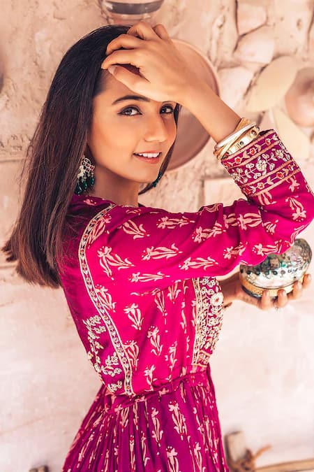 Shop_Shyam Narayan Prasad_Maroon Raw Silk, Flat Chiffon And Net, Satin Georgette Block Print Anarkali Set _at_Aza_Fashions