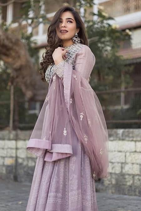 Shop_Shyam Narayan Prasad_Purple Dupion Silk Round Embroidered Anarkali With Dupatta _Online_at_Aza_Fashions