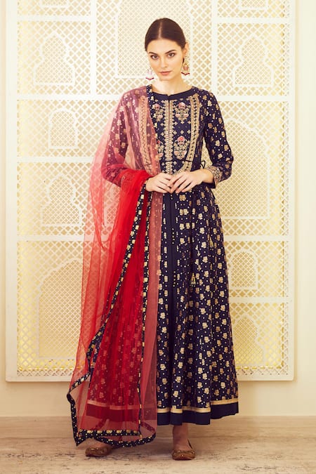 Shop Shyam Narayan Prasad Blue Georgette, Brocade, Silk Chanderi Round Embroidered Anarkali With Dupatta at Aza Fashions Shop_Shyam Narayan Prasad_Blue Georgette, Brocade, Silk Chanderi Round Embroidered Anarkali With Dupatta _at_Aza_Fashions