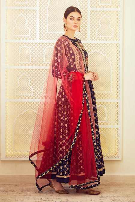 Shyam Narayan Prasad Blue Georgette, Brocade, Silk Chanderi Round Embroidered Anarkali With Dupatta Online at Aza Fashions Shyam Narayan Prasad_Blue Georgette, Brocade, Silk Chanderi Round Embroidered Anarkali With Dupatta _Online_at_Aza_Fashions