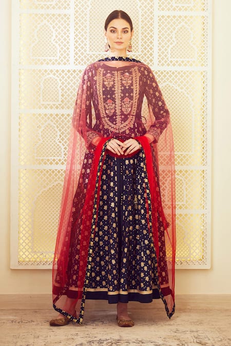 Buy Shyam Narayan Prasad Blue Georgette, Brocade, Silk Chanderi Round Embroidered Anarkali With Dupatta Online at Aza Fashions Buy_Shyam Narayan Prasad_Blue Georgette, Brocade, Silk Chanderi Round Embroidered Anarkali With Dupatta _Online_at_Aza_Fashions