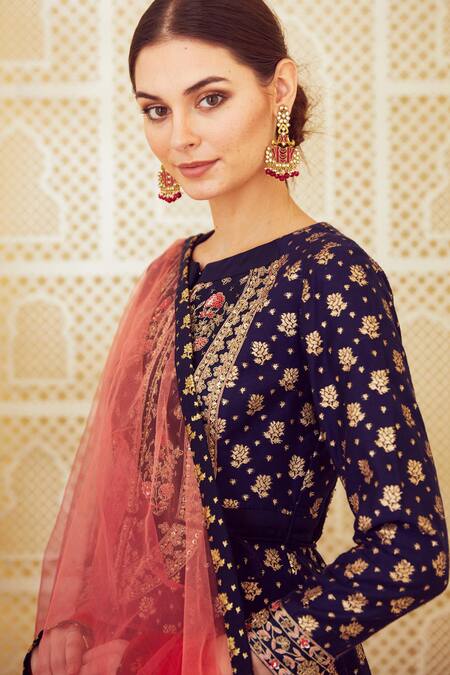 Shop Shyam Narayan Prasad Blue Georgette, Brocade, Silk Chanderi Round Embroidered Anarkali With Dupatta Online at Aza Fashions Shop_Shyam Narayan Prasad_Blue Georgette, Brocade, Silk Chanderi Round Embroidered Anarkali With Dupatta _Online_at_Aza_Fashions